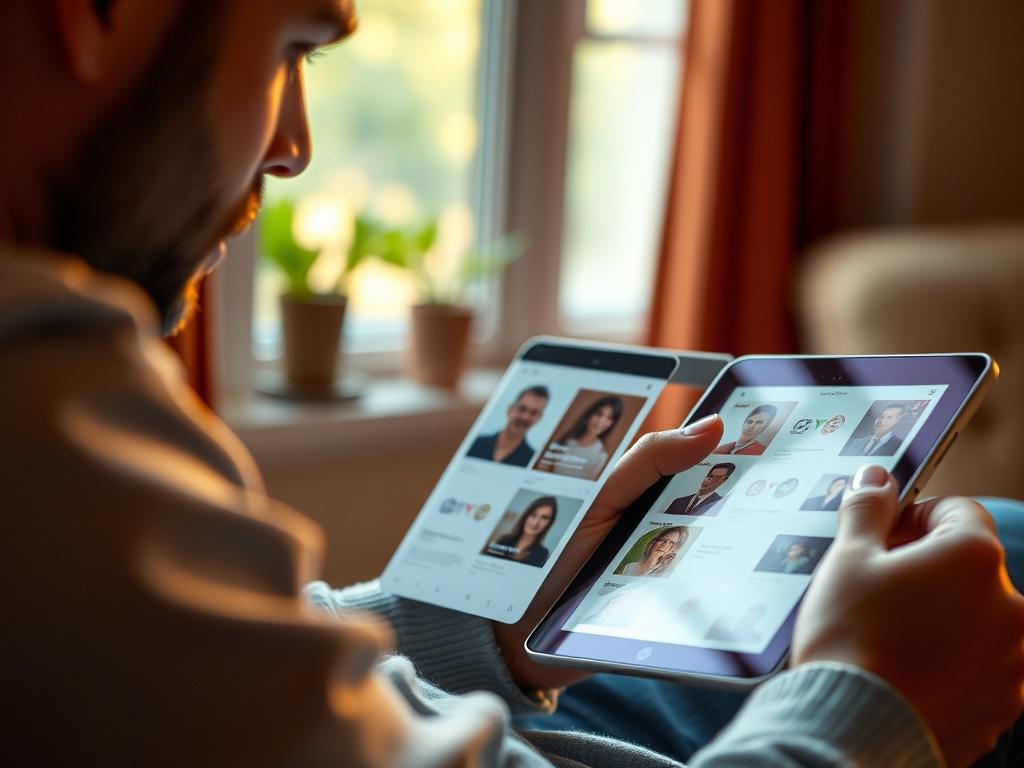 A close-up shot of a thoughtful individual browsing through profile cards on a tablet. The setting is calm and inviting, with warm light filtering through a window, reflecting a sense of personal exploration in matchmaking. The colors should align with rgb(122, 86, 4) to create an inviting atmosphere.