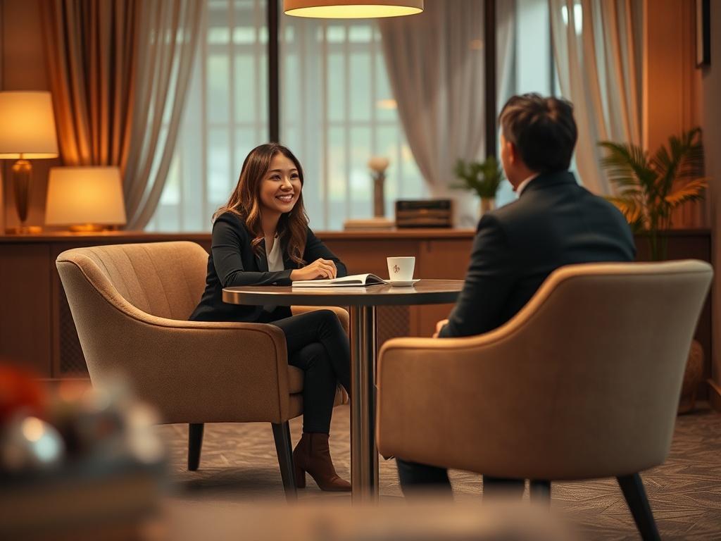 A cozy and inviting consultation room with a warm ambiance, featuring a table with two chairs across from each other. One chair is occupied by a smiling matchmaker, engaging in conversation with a client. The background includes soft lighting and warm-toned decor, creating a welcoming atmosphere. The focus is on the interaction between the two individuals, showcasing the personal touch of the matchmaking process.