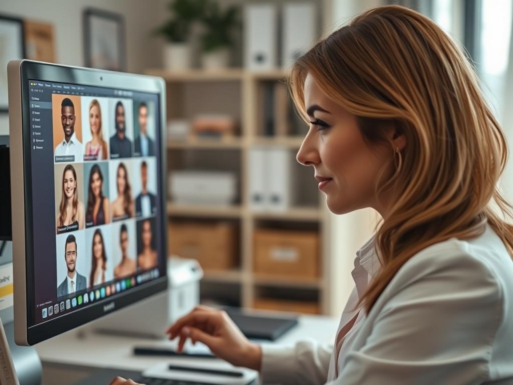 A matchmaker reviewing profiles on a computer screen, with various images of potential matches displayed. The focus is on the matchmaker's focused expression as they analyze the profiles, with a backdrop of a well-organized office space. The scene conveys a sense of diligence and care in the matchmaking process.