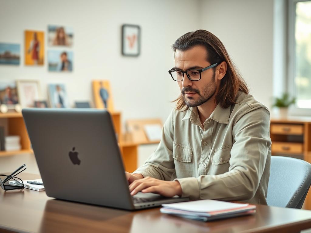 An individual sitting at a desk, thoughtfully filling out a profile questionnaire on a laptop. The setting is bright and organized, with personal items like photos or mementos in the background, reflecting the individual's personality. The focus is on the serious yet hopeful expression of the individual as they engage in the profile creation process.