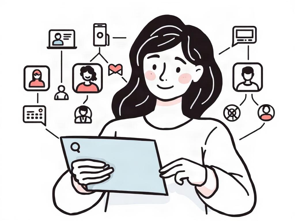 A high-quality illustration of a person browsing profiles on a digital device, surrounded by icons representing communication and connections, set against a simple, clean background with soft colors to convey a sense of ease and accessibility.