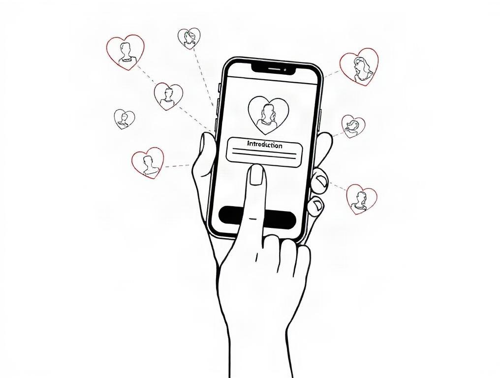 A high-quality illustration depicting a hand sending a digital introduction request on a phone, with floating heart icons and profile silhouettes in the background, symbolizing connections and relationships, against a minimalist backdrop.