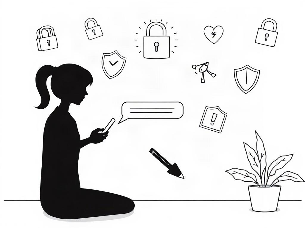 A high-quality illustration of a serene setting with two silhouettes exchanging messages through a digital device, surrounded by privacy symbols like locks and shields, conveying a sense of safety and confidentiality, with a calming background.
