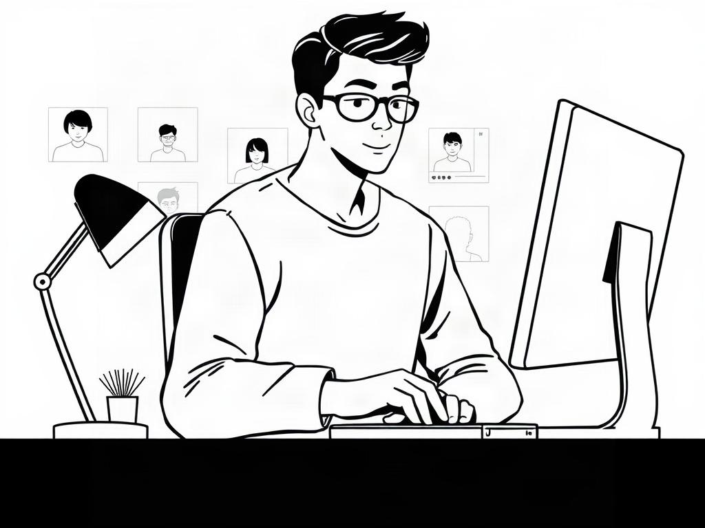 A clean and simple illustration showing a person browsing profiles on a computer, with a focus on anonymity and privacy. The background should be minimalistic, featuring subtle hints of a digital interface. The main subject should be engaged and relaxed, reflecting a sense of exploration and discovery.