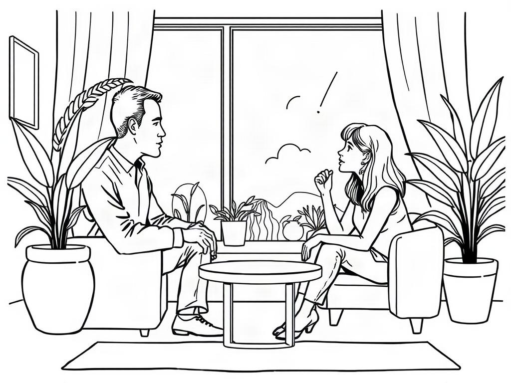 An illustration depicting a serene environment with two people having a thoughtful conversation, symbolizing a pressure-free interaction. The setting should be inviting and calm, emphasizing mutual respect and understanding. The subjects should appear relaxed and at ease, reinforcing the comfort of genuine connection.