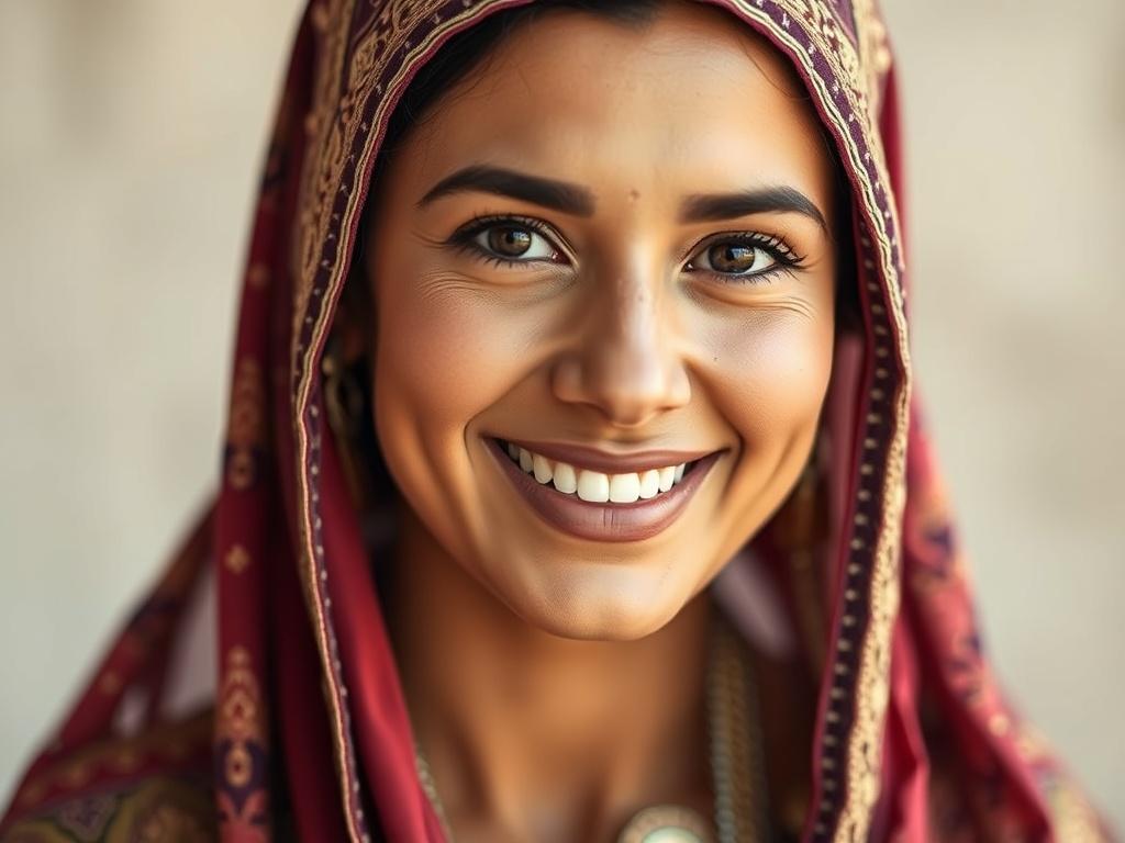 A close-up portrait of a smiling Arab woman in traditional attire, showcasing her cultural heritage. The background is softly blurred, emphasizing her warm expression and confident demeanor. The lighting is natural, highlighting her features and the intricate details of her attire. The color palette should harmonize with rgb(122, 86, 4), creating a warm and inviting atmosphere.