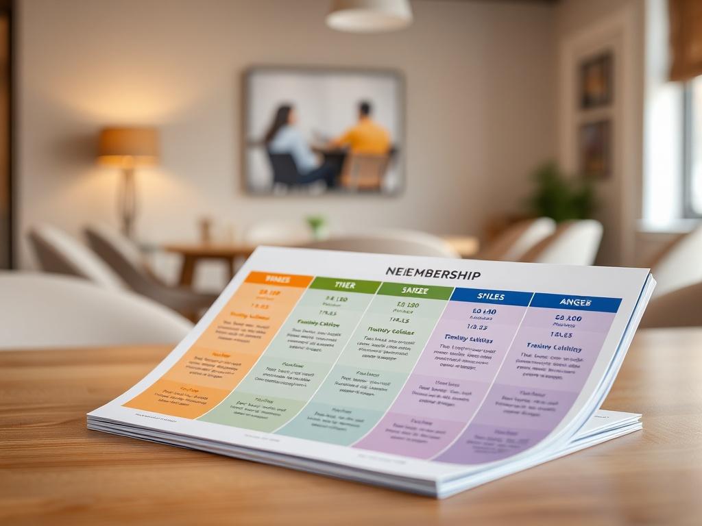 A close-up shot of a membership brochure showcasing various tiers. The background should be a soft-focus image of a cozy meeting area.