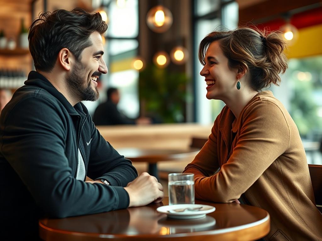 A close-up shot of two individuals sitting across from each other at a café, smiling and engaging in conversation. The background should capture a relaxed and inviting atmosphere.