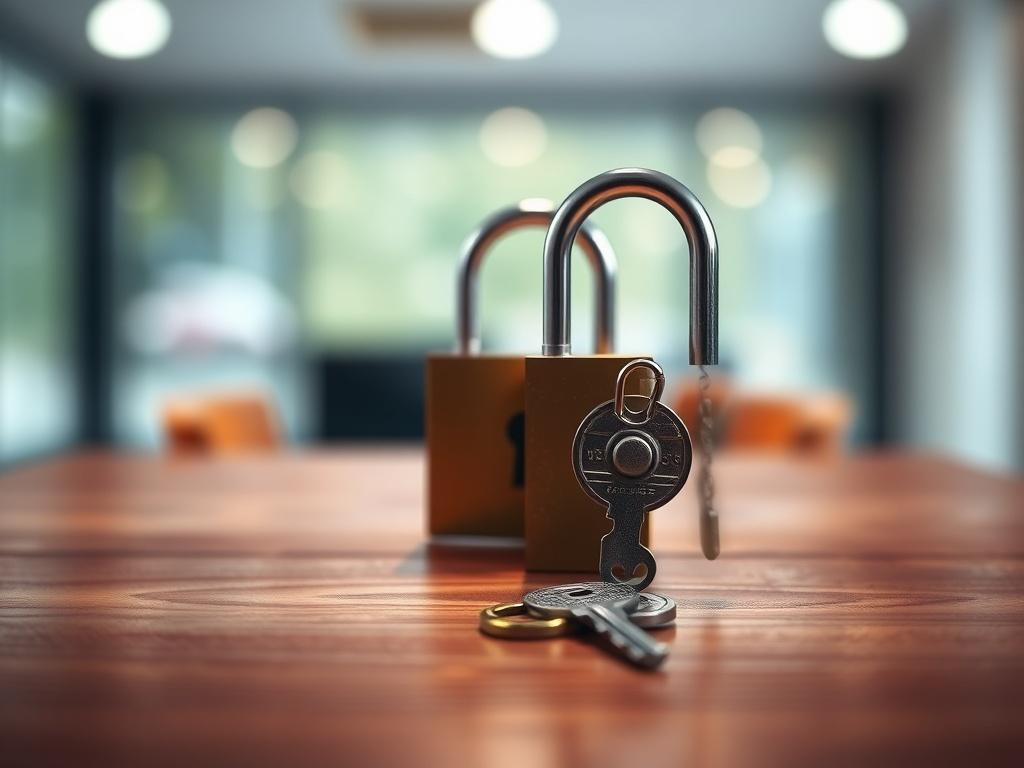 A close-up shot of a lock and key on a wooden table, symbolizing security and confidentiality. The background should be softly blurred with gentle lighting to create a sense of safety and trust. The focus should be on the lock, conveying a message of privacy and protection.