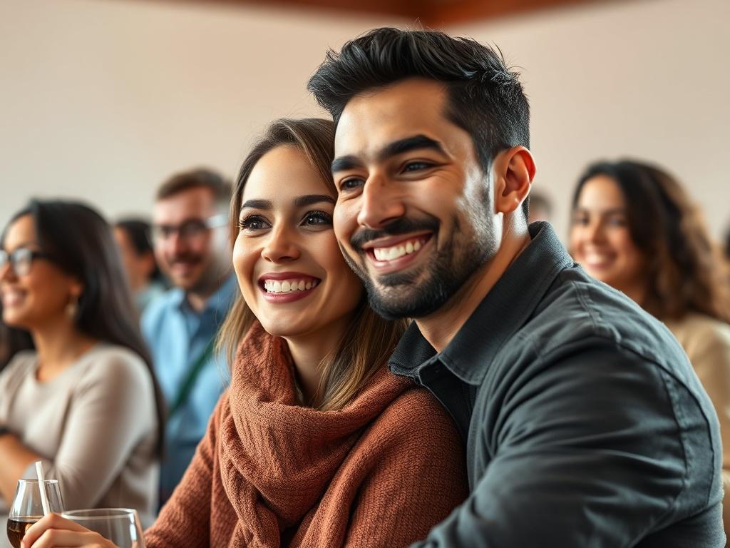 Happy Arab couple smiling during a Zawaj Match event with family members in the background.