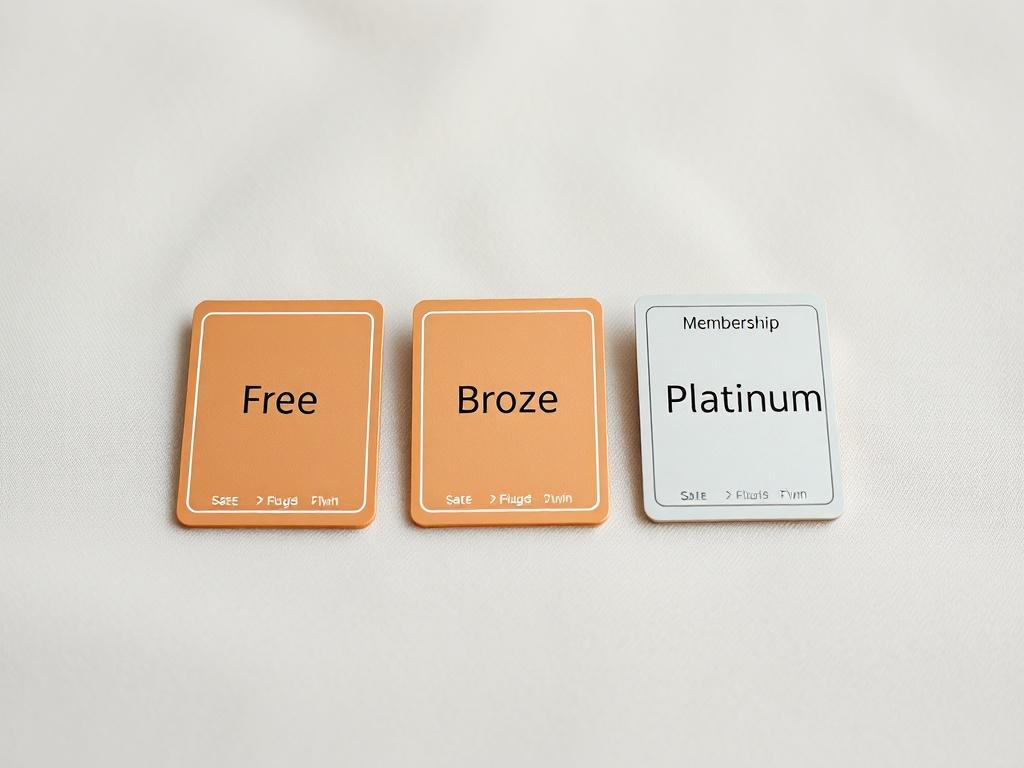 An elegant display of different membership tiers on a soft, neutral background. Each tier is visually distinct, showcasing features like 'Free', 'Bronze', and 'Platinum'. The focus is on the clarity and simplicity of the membership options, inviting viewers to choose the best fit for their matchmaking needs.