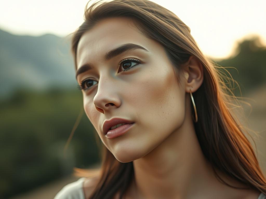 A close-up of a thoughtful individual reflecting on love, with a serene natural backdrop. The focus is on their face, expressing hope and anticipation, with soft lighting enhancing the emotional tone.