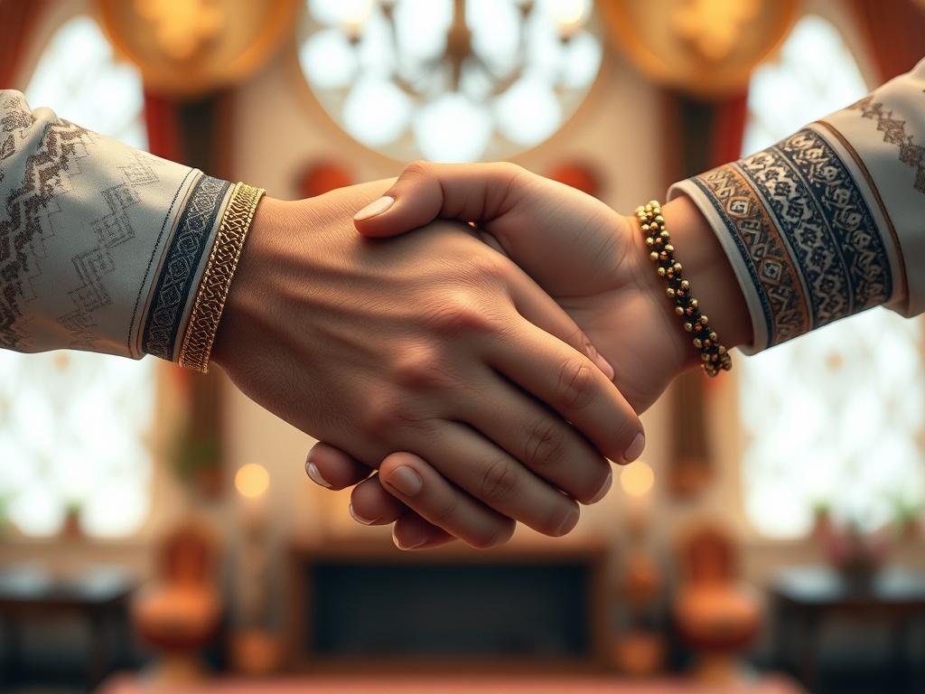 A close-up shot of two hands joined together, symbolizing unity and cultural connection, with a soft-focus background showing elements of traditional Middle Eastern décor. The lighting is warm and inviting, capturing the essence of love and unity.
