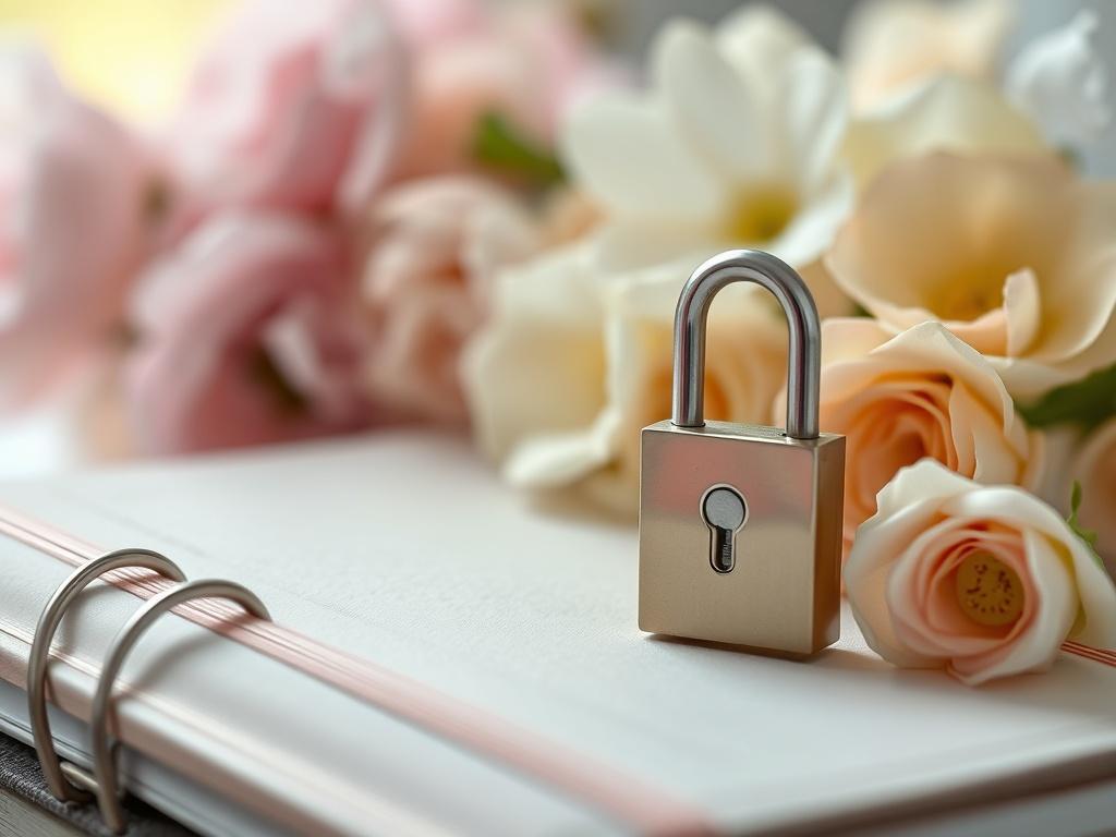 A close-up shot of a locked diary or journal, symbolizing privacy and personal reflection, set against a soft-focus background of beautiful flowers. The lighting is gentle, creating an aura of safety and security.