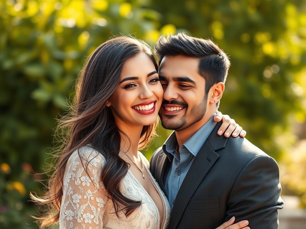 A joyful Lebanese couple in love, smiling and embracing each other, their faces glowing with happiness. They are dressed in elegant but casual attire, standing in a beautiful outdoor setting with soft natural light. The background features lush greenery that enhances the romantic atmosphere. The focus is on the couple, capturing their emotions and connection.