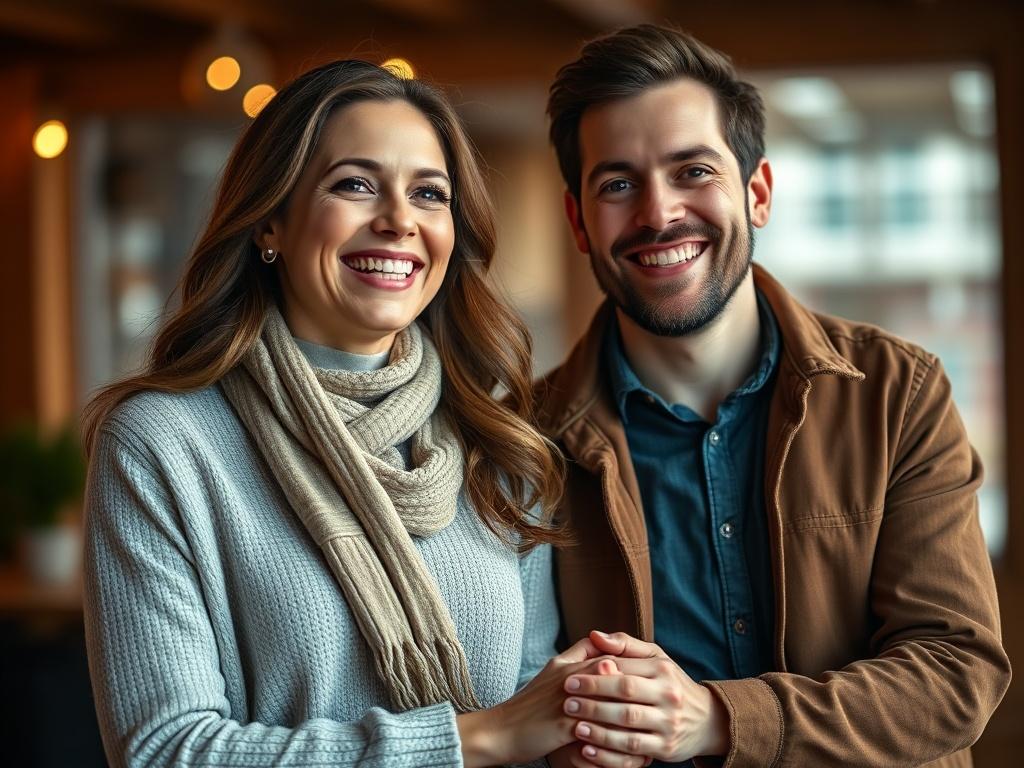 A close-up shot of a smiling couple holding hands, radiating happiness and connection. The background should be softly blurred to emphasize their joyful expressions. The colors should complement the primary color rgb(193, 153, 87), creating a warm and inviting atmosphere.