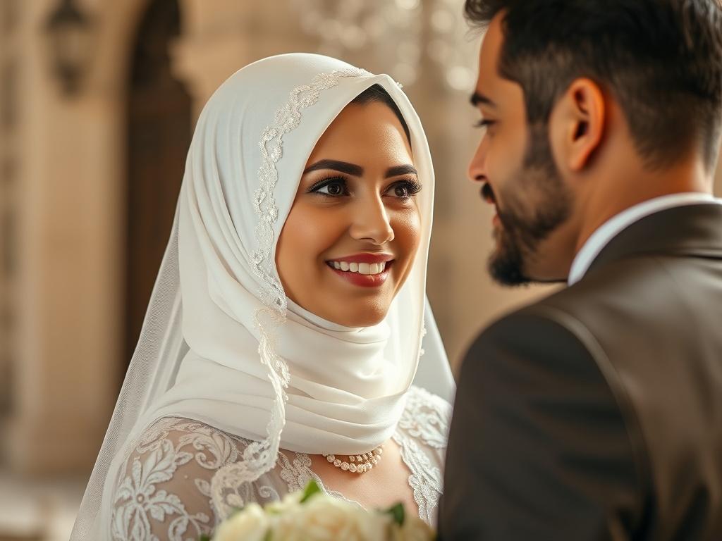 A close-up shot of a Lebanese couple on their wedding day. The woman is wearing a beautiful white wedding dress and a stylish Muslim headscarf, showcasing her light skin and radiant beauty. The man is dressed in an elegant suit, looking lovingly at his bride. The background is softly blurred, emphasizing the couple and creating a romantic atmosphere. The image should reflect joy and cultural elegance, captured in high-resolution with a 45mm f/1.2 lens style.
