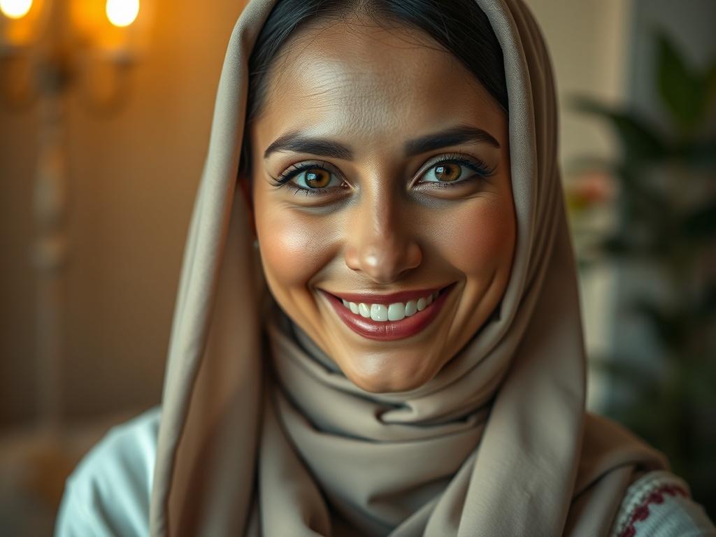 A close-up shot of a confident, smiling Arab or Muslim woman looking directly at the camera, with a warm, inviting background that highlights a sense of privacy and comfort. The image should be rendered in high-resolution, using a hyper-realistic style, with soft lighting to enhance the subject's features.
