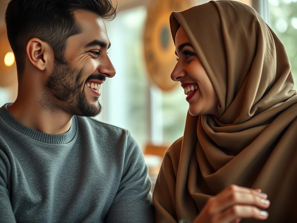 An inviting image of an Arab or Muslim couple smiling at each other in a cozy, natural setting, conveying warmth and connection. The focus should be on their expressions, showcasing joy and compatibility, captured in a high-resolution, hyper-realistic style.