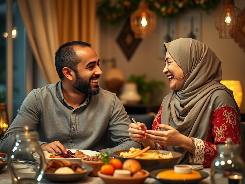 A high-resolution photo featuring a couple from a Lebanese or Muslim background enjoying a traditional meal together, laughing and engaging in conversation. The setting includes cultural decorations and warm lighting, reflecting a cozy and welcoming environment that emphasizes the importance of cultural respect in relationships.