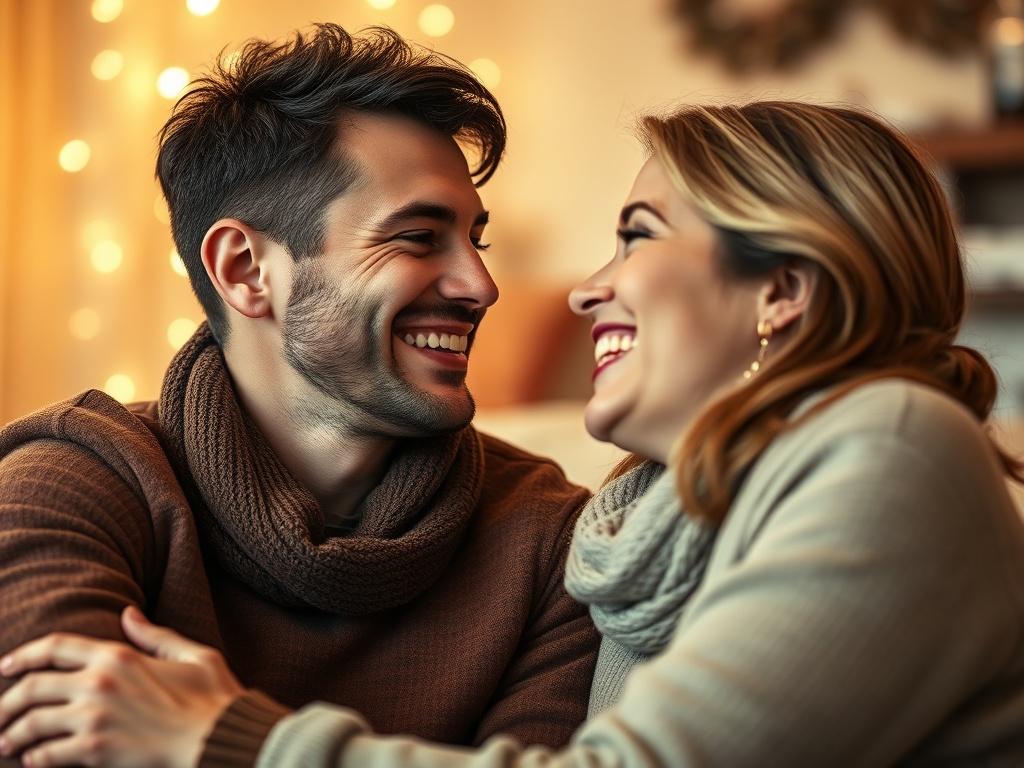 A close-up shot of a couple smiling at each other in a cozy, intimate setting. The background features soft lighting with warm tones, creating a welcoming and romantic atmosphere. The focus is on their joyful expressions, symbolizing the connection and love found through personalized matchmaking.