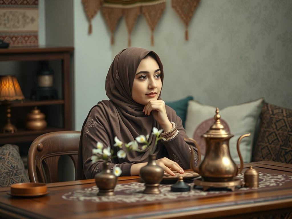 Create a highly detailed, realistic high-resolution photo that embodies the essence of culturally respectful matchmaking. The composition should feature a single subject, a young Lebanese or Muslim woman, thoughtfully engaged in reflection within a cozy, intimate setting. She should be seated at a beautifully crafted wooden table strewn with traditional artifacts and symbolic items that represent her heritage, such as a small vase with fresh jasmine flowers or an intricately designed Arabic coffee pot.

The