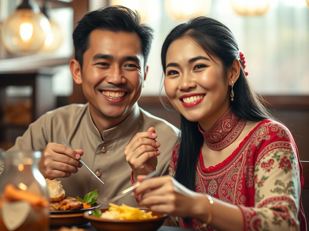 A close-up shot of a smiling couple enjoying a traditional meal together, showcasing cultural elements in their attire and surroundings. The background features soft, warm lighting that enhances the intimate atmosphere, with a focus on their genuine connection and happiness.