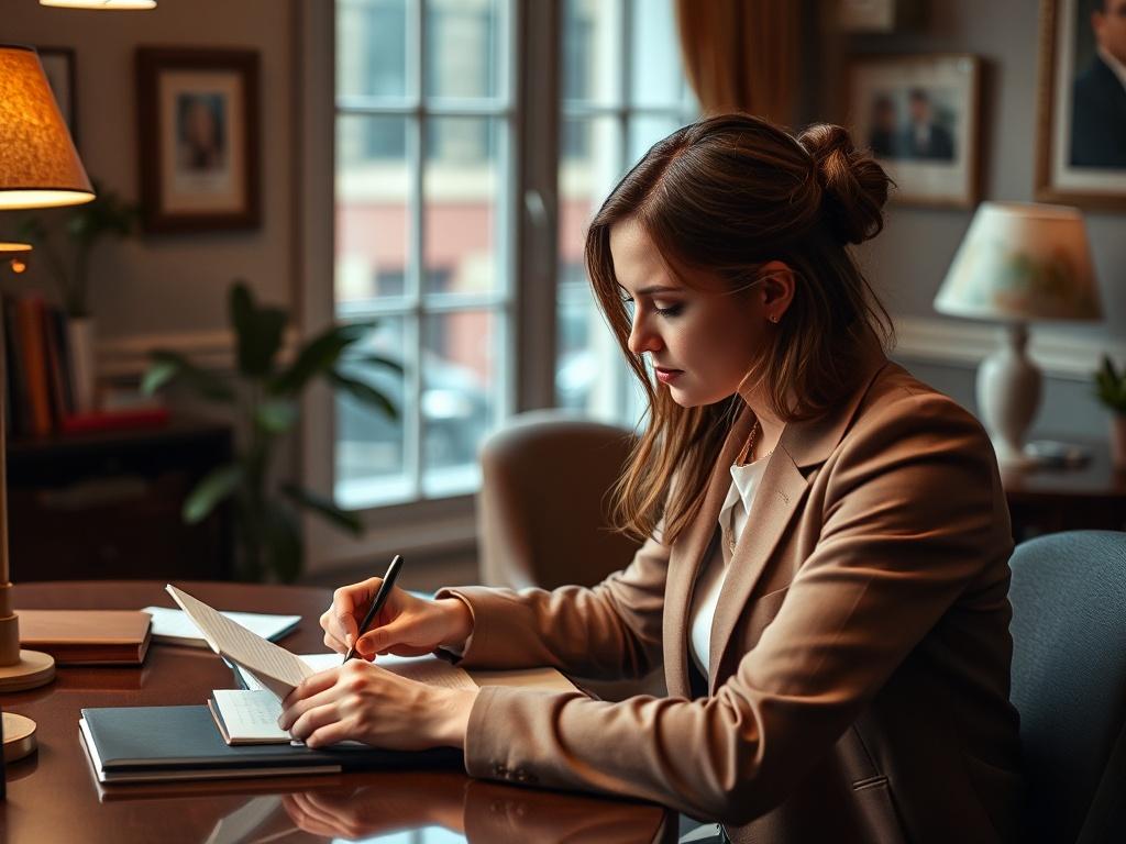 A close-up shot of a thoughtful matchmaker sitting at a desk, reviewing client profiles and notes. The environment should be warm and inviting, with personal touches that reflect a caring and professional approach to matchmaking.