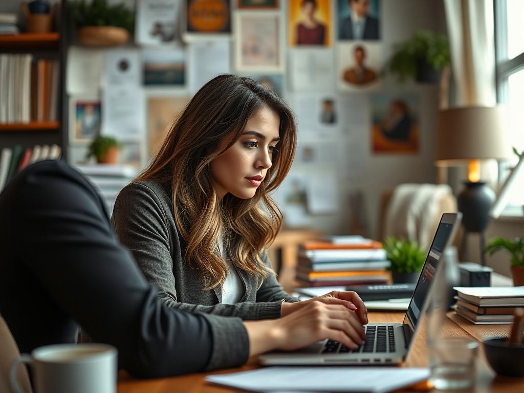 A close-up shot of a matchmaker reviewing profiles on a laptop, with a focused expression. The background should show a cozy office filled with matchmaking materials.