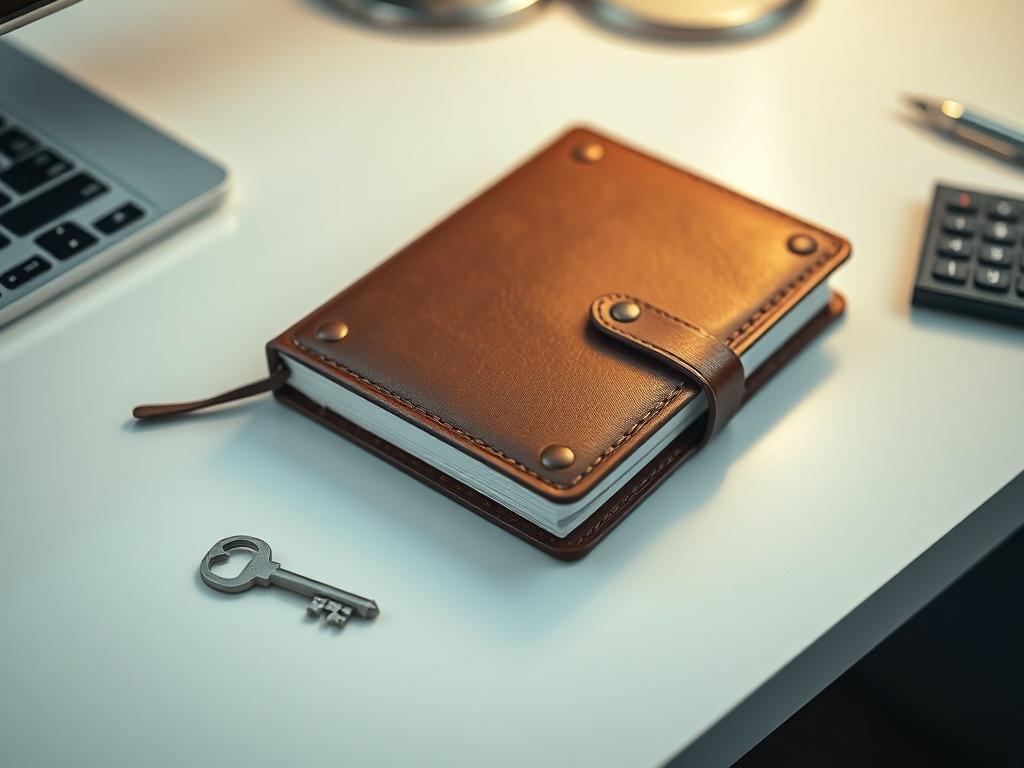 A close-up shot of a locked diary with a key beside it, resting on a clean, minimalist desk. The diary should have a leather cover, symbolizing trust and confidentiality, with soft lighting that creates an inviting atmosphere.