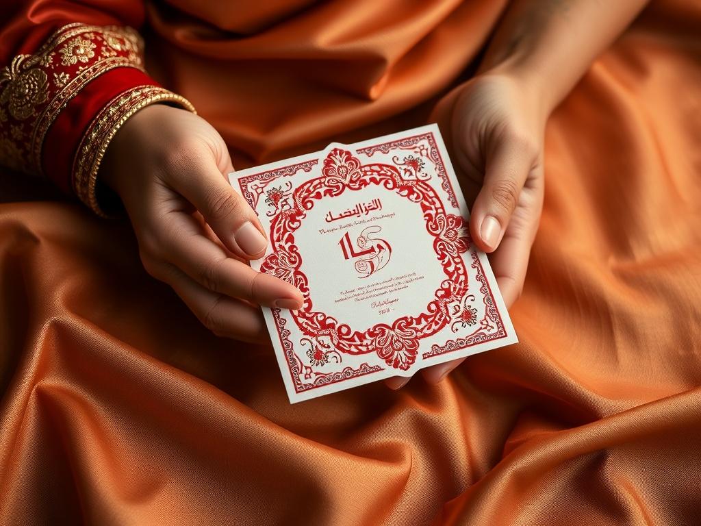 A close-up shot of two hands gently holding a traditional Lebanese wedding invitation, with intricate designs, placed on a richly textured fabric background. The image should convey warmth and connection, emphasizing cultural elements with soft lighting.