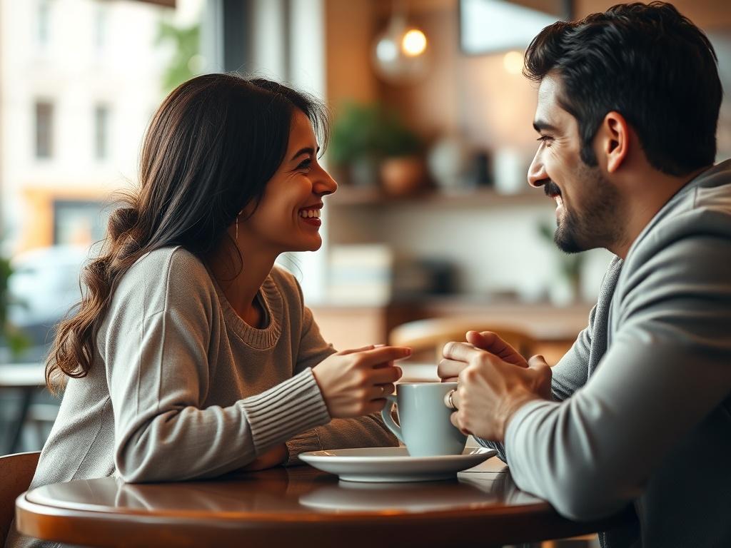 A close-up shot of a smiling couple sitting at a cozy café, engaged in a heartfelt conversation over coffee. The background should be softly blurred, highlighting the warmth and connection between the two, with inviting colors that evoke a sense of intimacy.