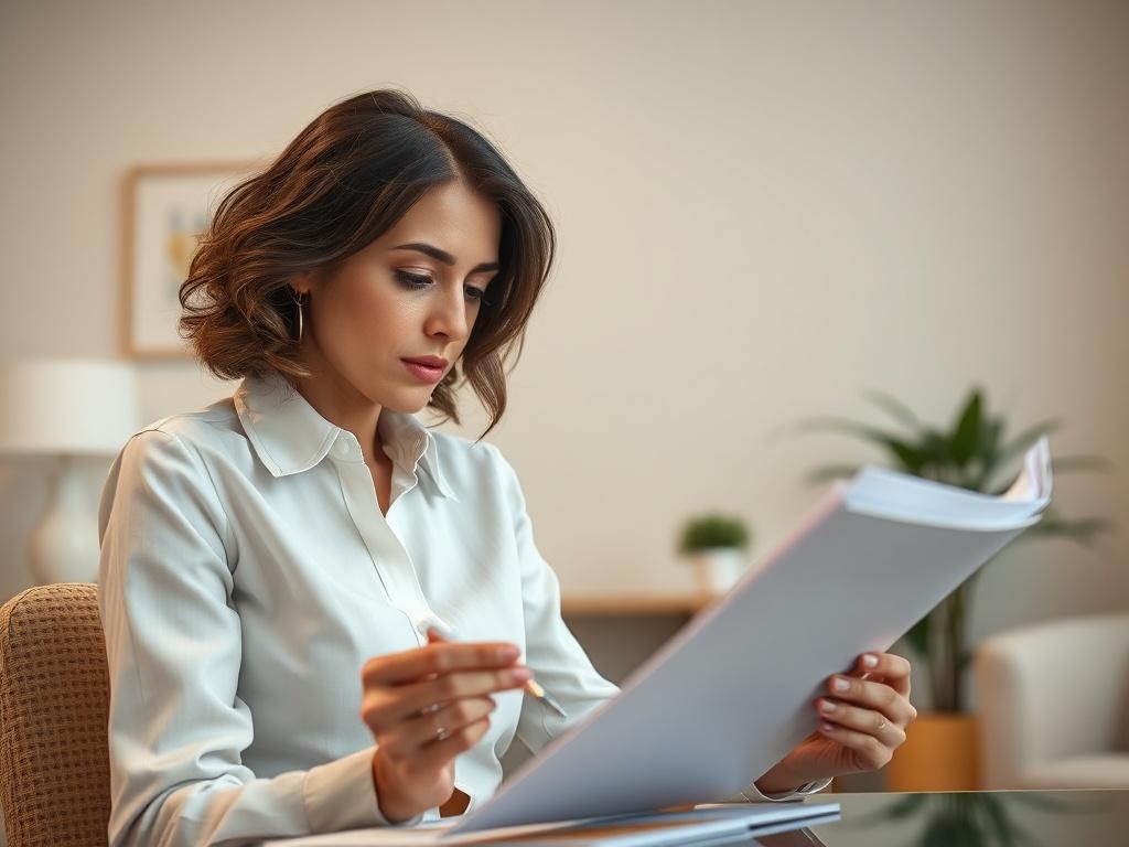 A close-up shot of a matchmaker thoughtfully reviewing profiles and notes in a serene office setting. The background features soft, inviting colors that create a calming atmosphere. The focus is on the matchmaker's engaged expression, reflecting the dedication to finding the right match for clients.