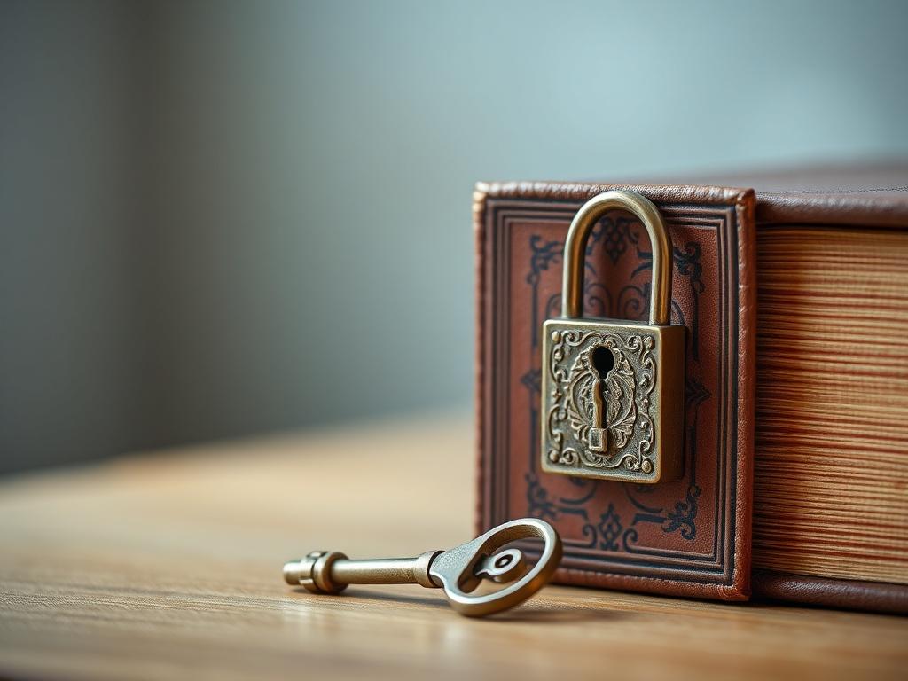 An artistic close-up of a locked diary with a key resting beside it, symbolizing privacy and confidentiality. The background is softly blurred, emphasizing the diary's intricate cover design. The color palette incorporates the primary color of rgb(193, 153, 87), creating a warm and inviting feel.