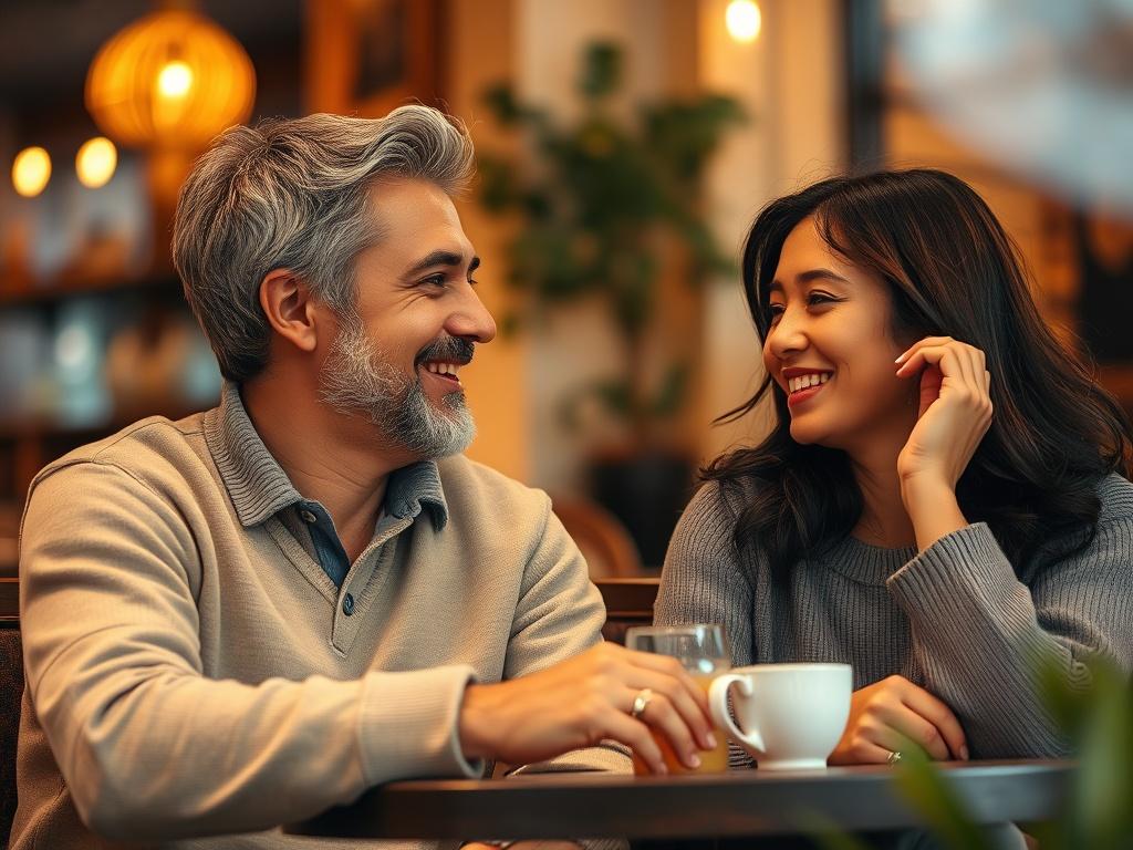 A close-up portrait of a smiling couple sitting together in a cozy, warmly lit café, engaging in conversation. The atmosphere is inviting, with soft background colors complementing the primary color of rgb(193, 153, 87). The couple appears relaxed and happy, showcasing a connection that reflects shared cultural values.