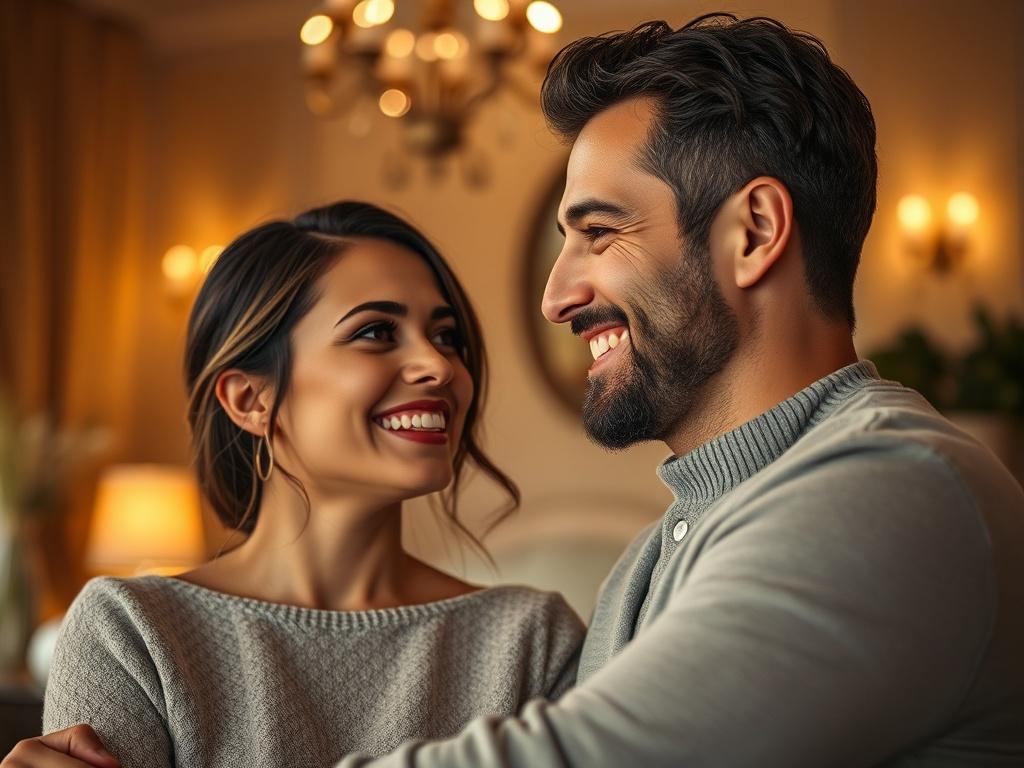A Lebanese couple being introduced in a warm, inviting setting. They are light-skinned with beautiful features, smiling and looking at each other with joy. The background is softly blurred, showcasing a cozy and elegant environment, symbolizing love and connection. The focus is on the couple, capturing their happiness and the moment of their introduction.