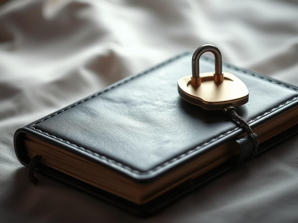 A serene image of a locked diary, symbolizing privacy and confidentiality, set against a soft, blurred background. The diary should appear inviting yet secure, representing the trust clients place in Zawaj Match for their personal information.