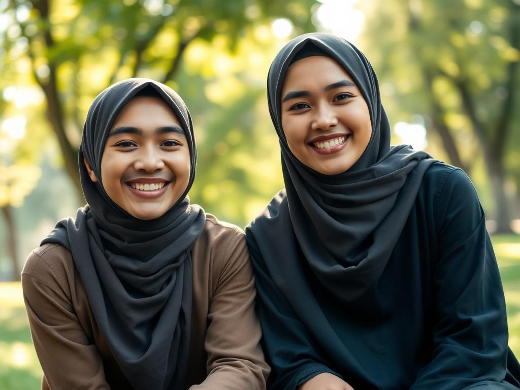 A close-up portrait of a smiling young Muslim man and woman dressed in traditional attire, sitting in a serene park setting with soft sunlight filtering through the trees. The focus is on their warm expressions, conveying a sense of genuine connection and hope for the future. The background is blurred to emphasize the subjects, with lush greenery softly illuminated by the sun, creating an inviting and peaceful atmosphere.