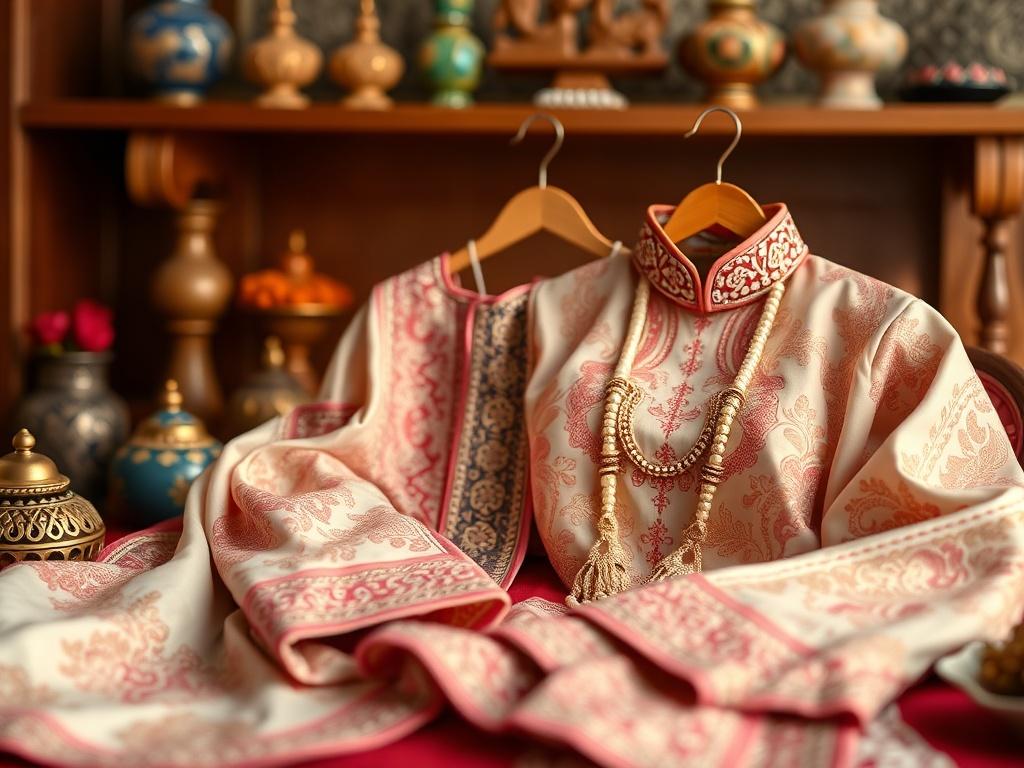 A close-up image of traditional wedding attire displayed beautifully on a table, with cultural artifacts in the background. The image should focus on the intricate details of the attire, symbolizing the celebration of cultural heritage in matchmaking.