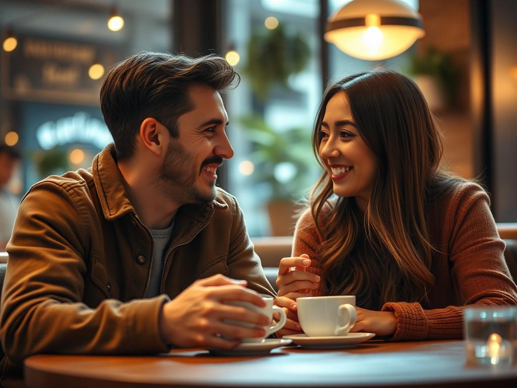 A close-up shot of a smiling couple engaged in conversation over coffee in a cozy cafe setting, with warm lighting creating an inviting atmosphere. The scene captures genuine connection and intimacy, reflecting the essence of professional matchmaking.