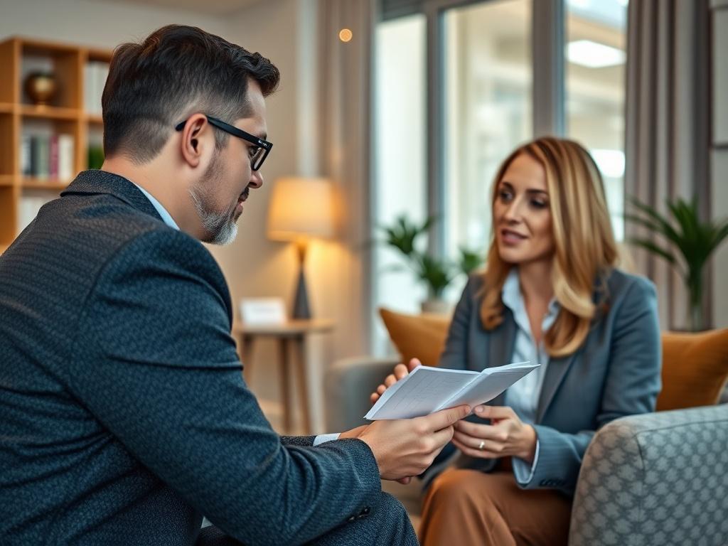 A focused shot of a matchmaker discussing profiles with a client in a comfortable office setting, showcasing a warm and inviting atmosphere. The image should reflect professionalism and personal connection.
