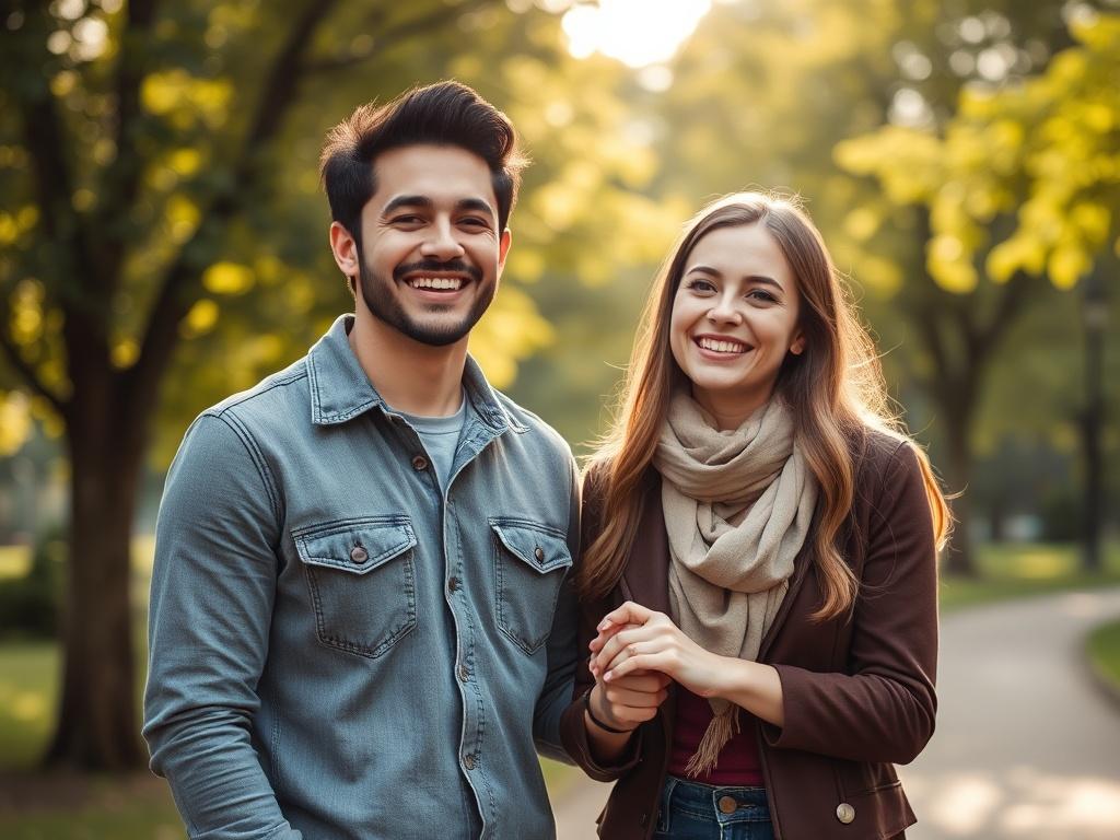 A close-up shot of a smiling couple holding hands, standing in a serene park setting. The couple is dressed in casual, stylish clothing, exuding happiness and warmth. The background features lush greenery and soft sunlight filtering through the leaves, creating a romantic atmosphere. The focus is on the couple's joyful expressions and their connection, captured with a 45mm f/1.2 lens to emphasize depth of field.