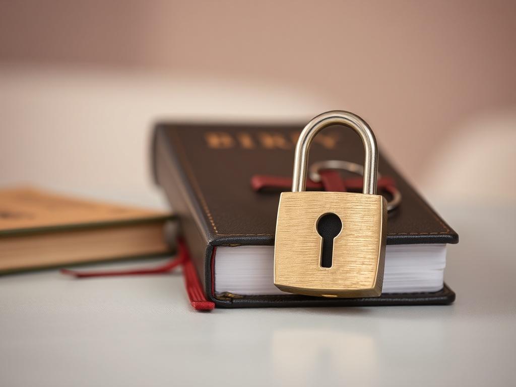 A close-up shot of a locked diary on a table, symbolizing privacy and confidentiality. The background should be soft and neutral, emphasizing the theme of security.