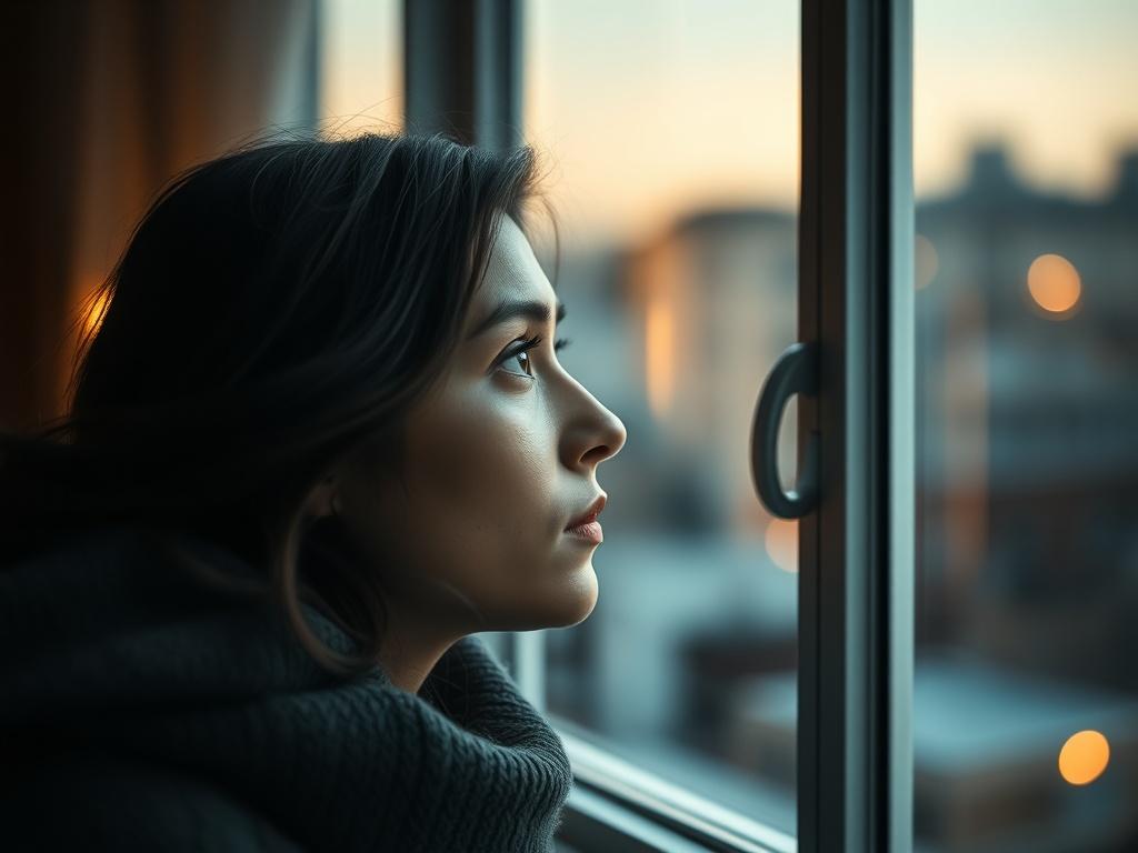 A close-up shot of a thoughtful person gazing out a window, lost in contemplation about love and relationships. The background should be softly blurred to create an intimate atmosphere.