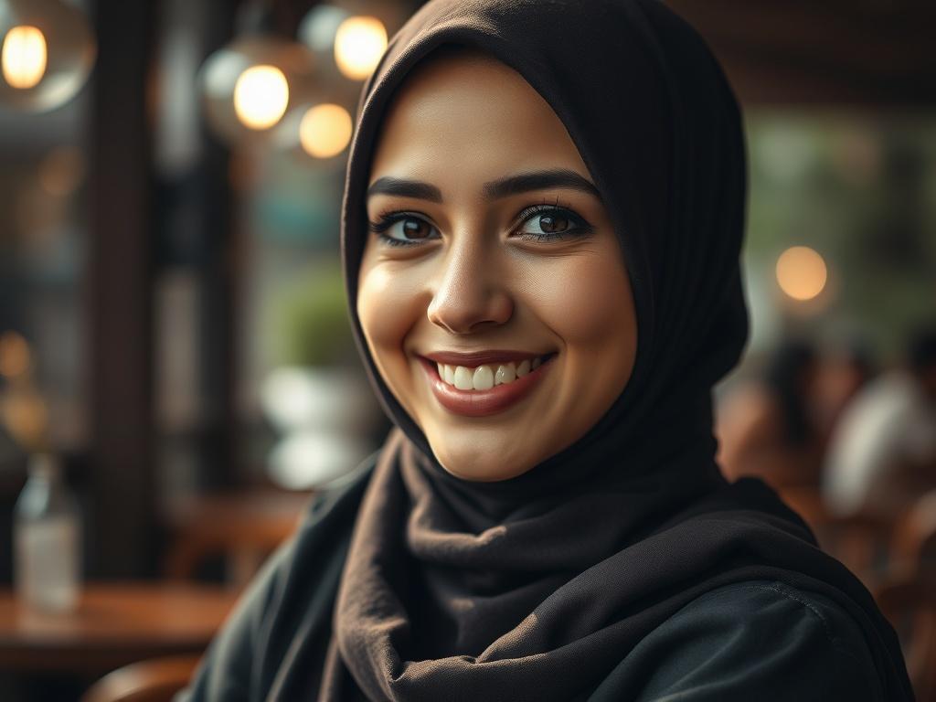 Create a realistic high-resolution photo featuring a 24-year-old single female wearing a hijab. The focus should be on her facial expression, showcasing a warm and inviting smile that conveys confidence and openness. She should be positioned slightly off-center to the right, allowing the viewer to engage with her and feel a sense of connection. 

The background should be softly blurred to emphasize the subject, with a warm, natural setting that suggests a cozy café or a vibrant urban park. Soft, dramatic li