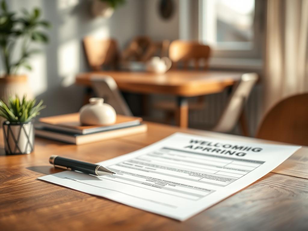 A close-up shot of a welcoming, modern application form on a wooden desk, surrounded by soft natural light. The form should appear inviting, with a pen placed beside it, and a blurred background featuring elements of a cozy home environment. The overall composition should evoke a sense of warmth and openness, creating an inviting atmosphere for applicants.