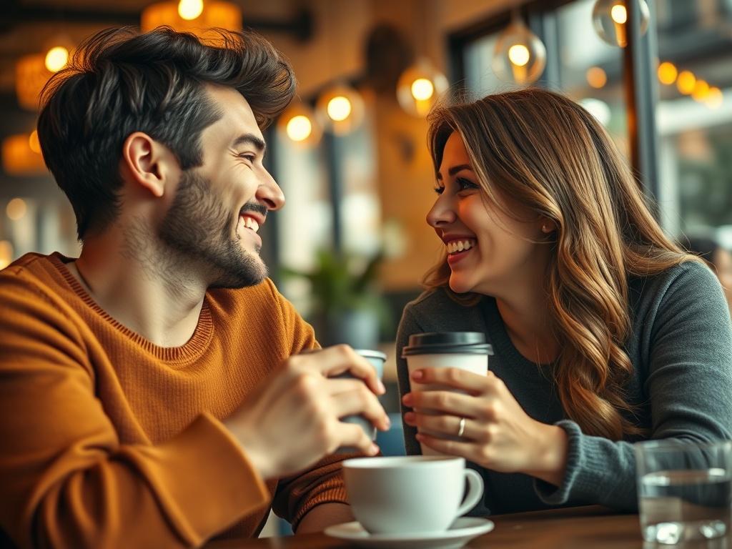 A close-up shot of an engaged couple happily discussing their future over coffee, with engagement rings subtly visible. The warm ambiance of a cafe creates an inviting atmosphere, highlighting their connection and excitement. The image radiates positivity and commitment.