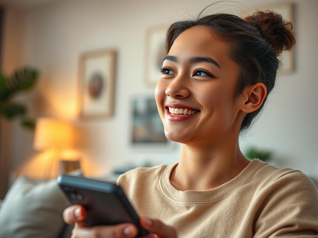A close up shot of a smiling, young adult holding
