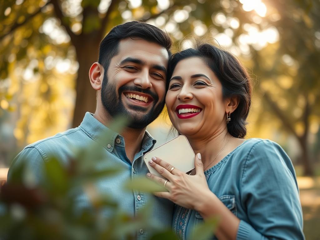 A close-up shot of a smiling Chaldean couple enjoying a quiet moment together in a beautiful outdoor setting. The focus is on their joyful expressions, showcasing a strong connection. The background features soft, natural elements like trees and sunlight filtering through leaves, creating a warm and inviting atmosphere. The image should be hyper-realistic, shot with a 45mm f/1.2 lens, capturing the essence of love and cultural heritage.