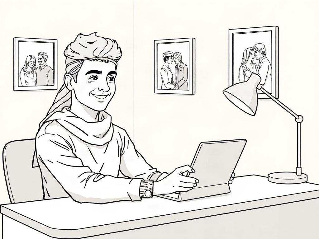 Create a high-quality illustration featuring a single character, a confident and approachable young adult of Middle Eastern descent, sitting at a modern desk in a cozy, inviting space. The character should have a warm smile and be intently browsing through a digital device, showing an engaged expression as they access a curated list of compatible partners. 

In the background, incorporate soft, neutral-toned walls adorned with a few framed photos of happy couples, reflecting a sense of community and connection. A warm, dim light emanates from a stylish lamp on the desk, further enhancing the inviting atmosphere. 

The composition should be simple and clear, with the focus on the character’s interaction with the device, illustrating the convenience and excitement of exploring approved profiles in a marriage matchmaking context. The overall color palette should use natural, soft hues to evoke comfort and reassurance, ensuring that the attention remains on the character while encompassing a harmonious setting that underscores the theme of connection and compatibility.